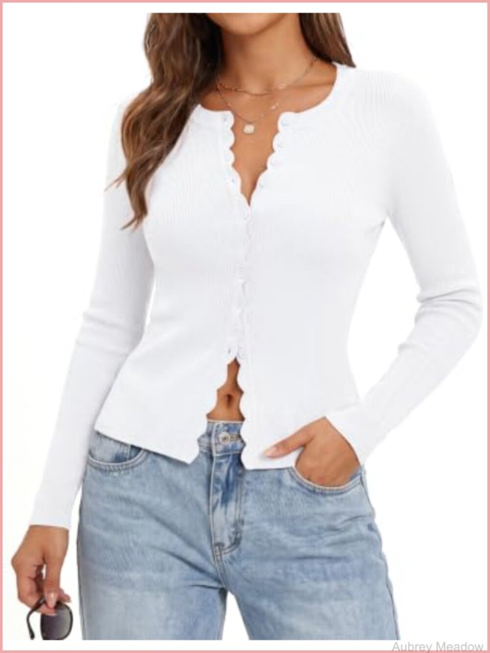Cropped Button Up Cardigan Scalloped Fall Outfits Lightweight Knit Top